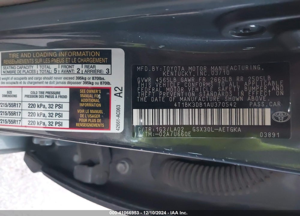 2010 TOYOTA AVALON VIN: 4T1BK3DB1AU370542