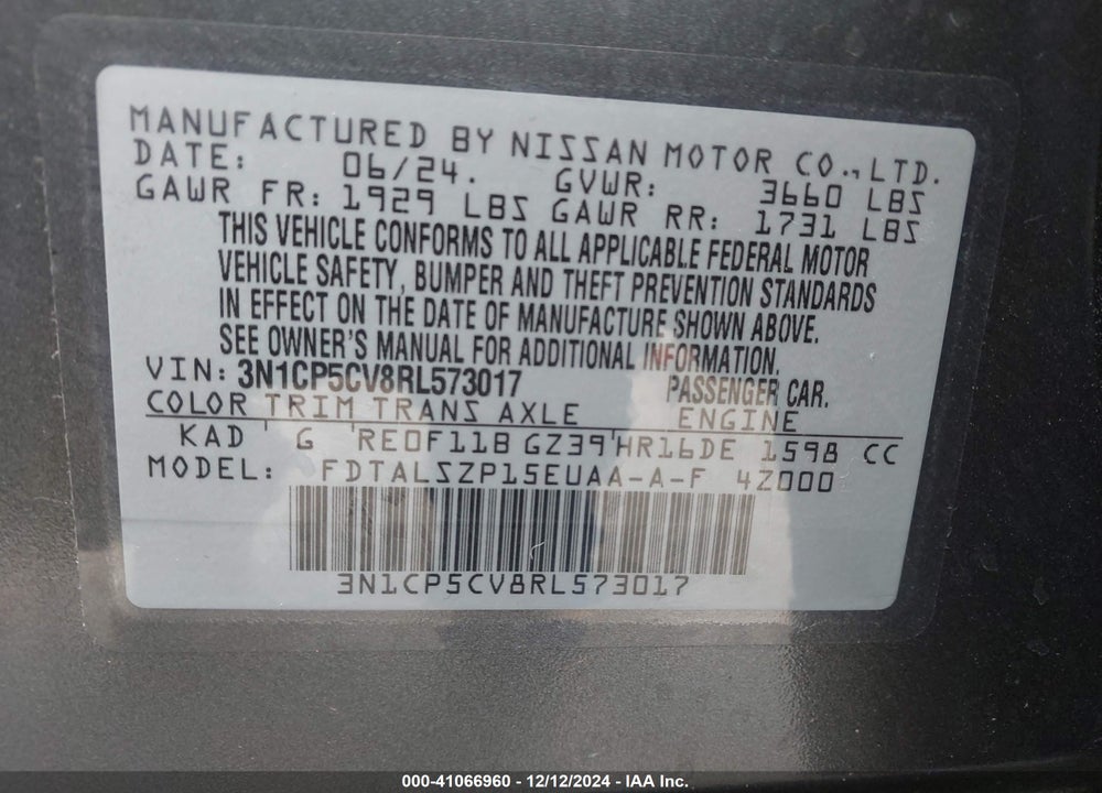 2024 NISSAN KICKS SV XTRONIC CVT VIN: 3N1CP5CV8RL573017