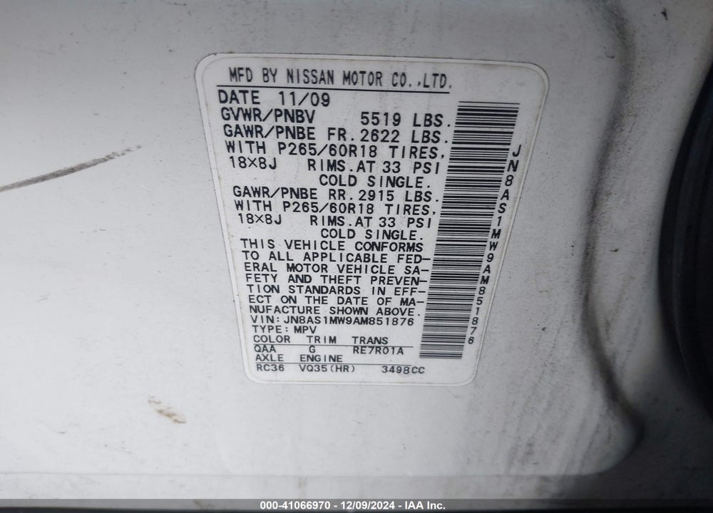 2010 INFINITI FX35 VIN: JN8AS1MW9AM851876