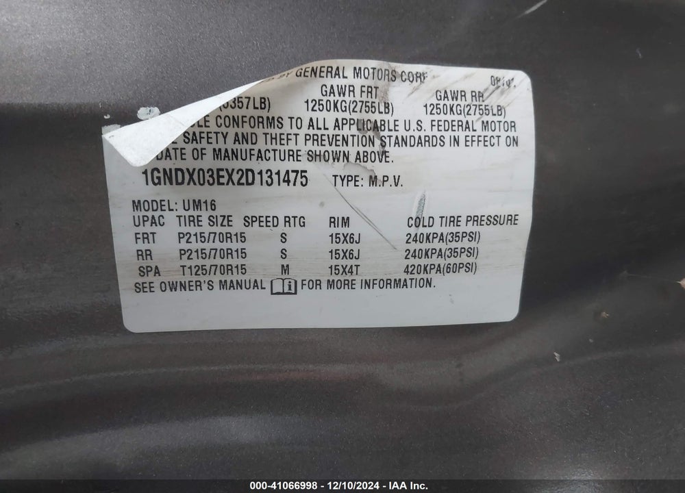 2002 CHEVROLET VENTURE LT VIN: 1GNDX03EX2D131475