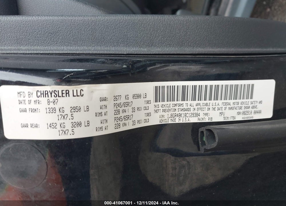 2008 JEEP GRAND CHEROKEE LAREDO VIN: 1J8GR48K18C129384