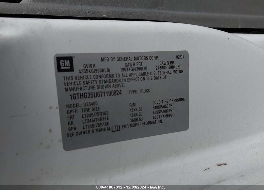 2007 GMC SAVANA WORK VAN VIN: 1GTHG35U671190824