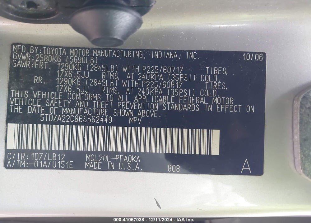 2006 TOYOTA SIENNA XLE LIMITED VIN: 5TDZA22C86S562449