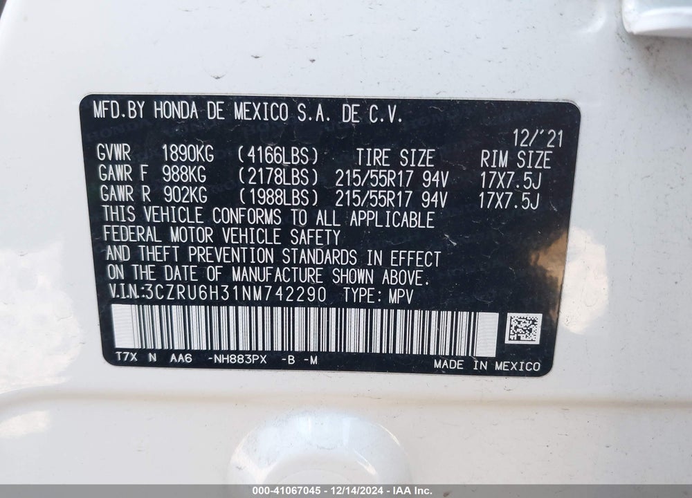 2022 HONDA HR-V AWD LX VIN: 3CZRU6H31NM742290