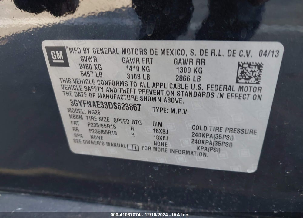 2013 CADILLAC SRX STANDARD VIN: 3GYFNAE33DS623867