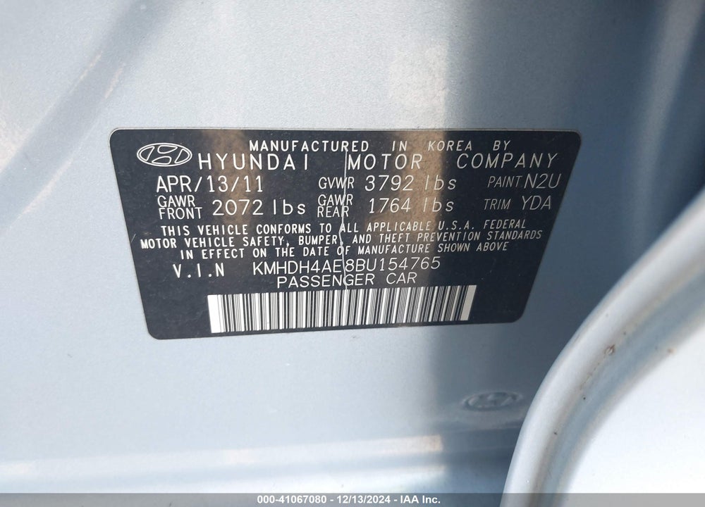 2011 HYUNDAI ELANTRA GLS (ULSAN PLANT) VIN: KMHDH4AE8BU154765