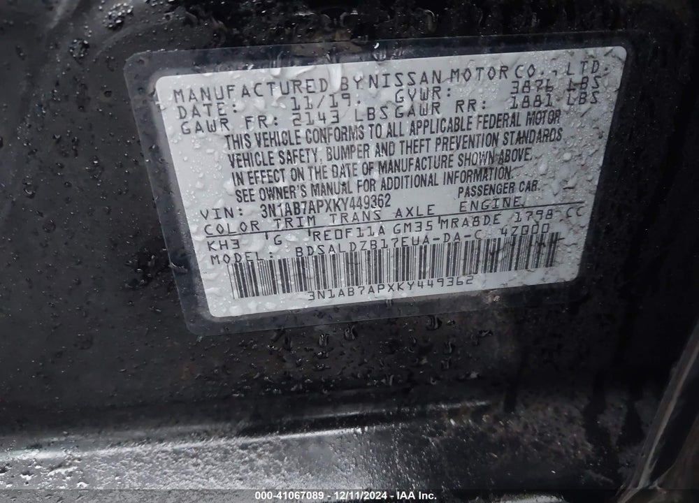 2019 NISSAN SENTRA SV VIN: 3N1AB7APXKY449362