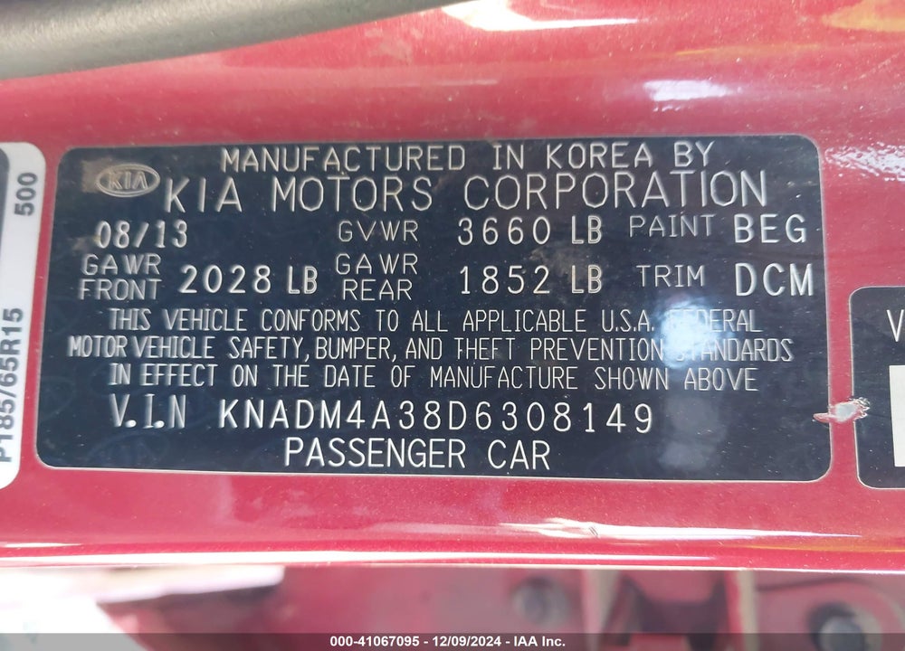 2013 KIA RIO LX VIN: KNADM4A38D6308149
