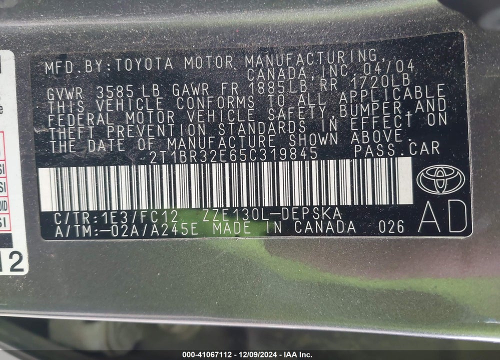 2005 TOYOTA COROLLA S VIN: 2T1BR32E65C319845