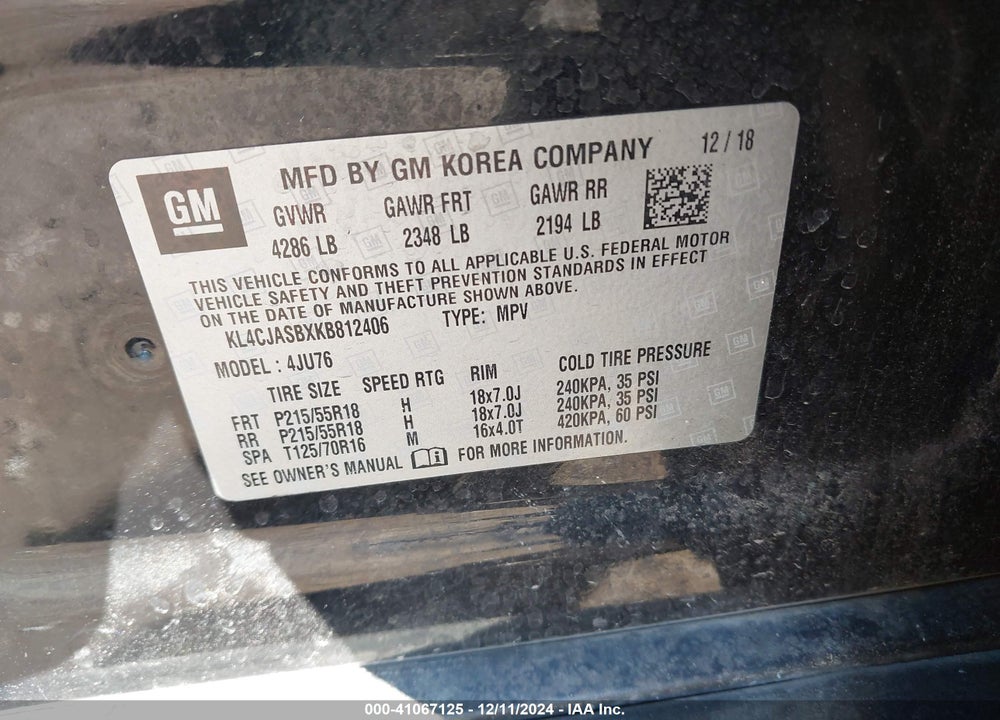 2019 BUICK ENCORE FWD PREFERRED VIN: KL4CJASBXKB812406
