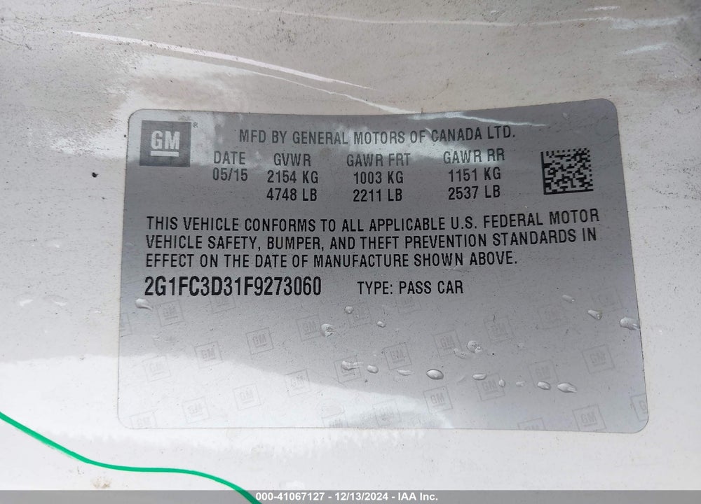 2015 CHEVROLET CAMARO 1LT VIN: 2G1FC3D31F9273060