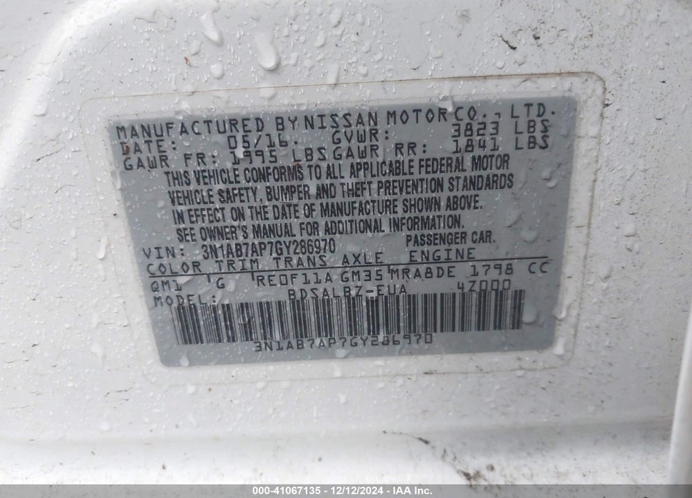 2016 NISSAN SENTRA VIN: 3N1AB7AP7GY286970