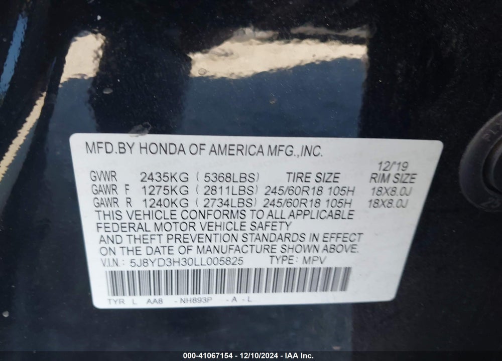 2020 ACURA MDX STANDARD VIN: 5J8YD3H30LL005825