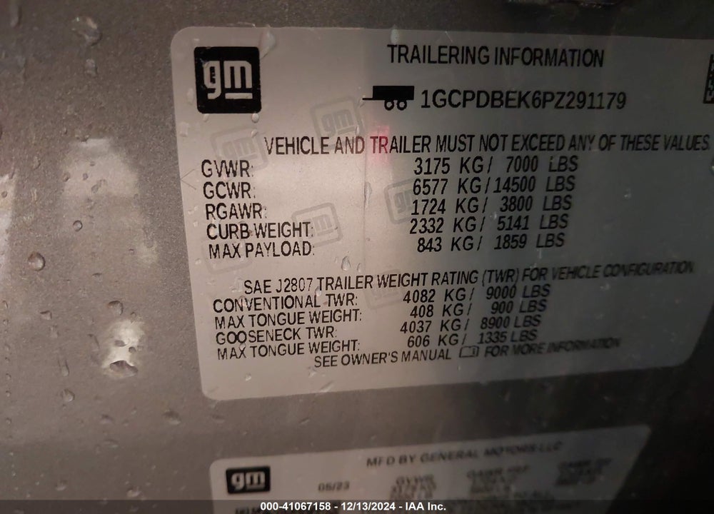 2023 CHEVROLET SILVERADO 1500 VIN: 1GCPDBEK6PZ291179