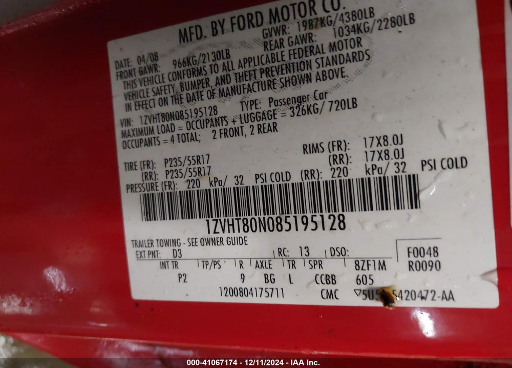 2008 FORD MUSTANG V6 DELUXE/V6 PREMIUM VIN: 1ZVHT80N085195128