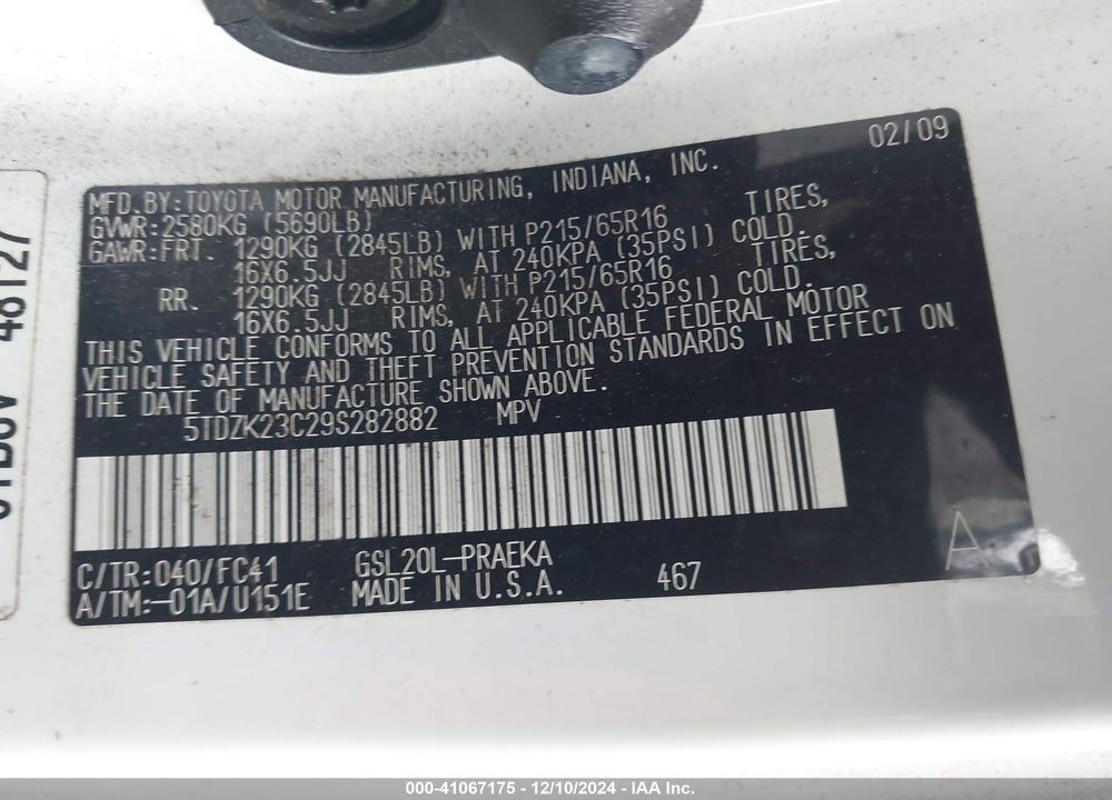 2009 TOYOTA SIENNA LE VIN: 5TDZK23C29S282882