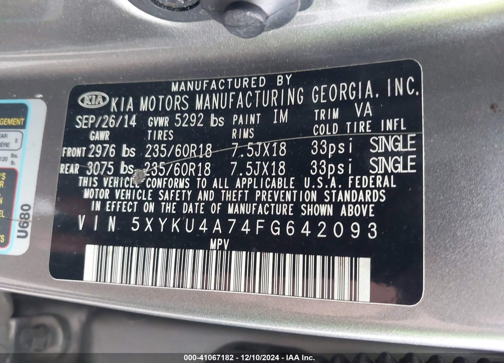 2015 KIA SORENTO EX V6 VIN: 5XYKU4A74FG642093