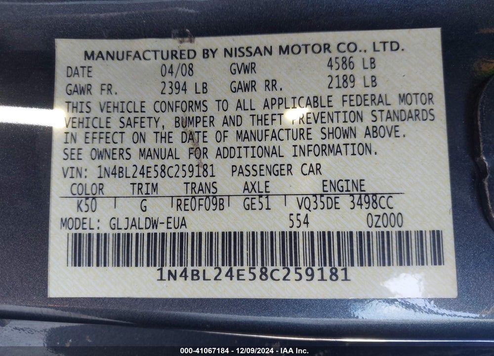 2008 NISSAN ALTIMA 3.5 SE VIN: 1N4BL24E58C259181