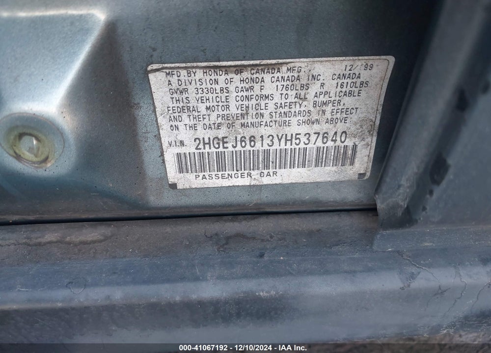 2000 HONDA CIVIC VALUE PACKAGE VIN: 2HGEJ6613YH537640
