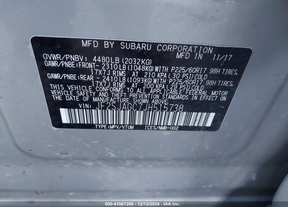 2018 SUBARU FORESTER 2.5I PREMIUM VIN: JF2SJAGC7JH515738