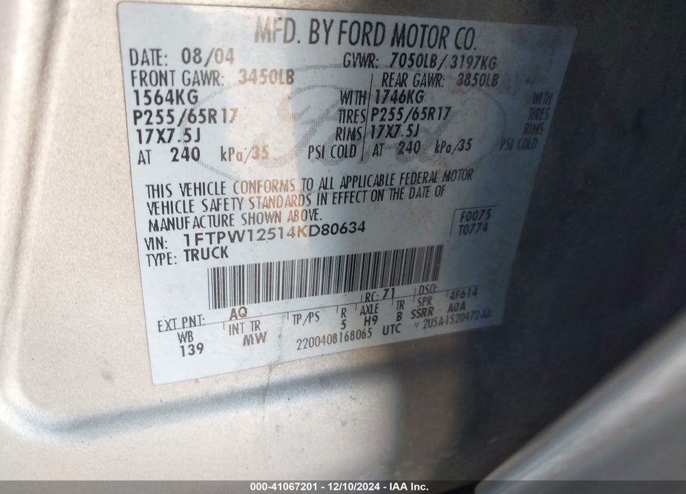 2004 FORD F-150 LARIAT/XLT VIN: 1FTPW12514KD80634