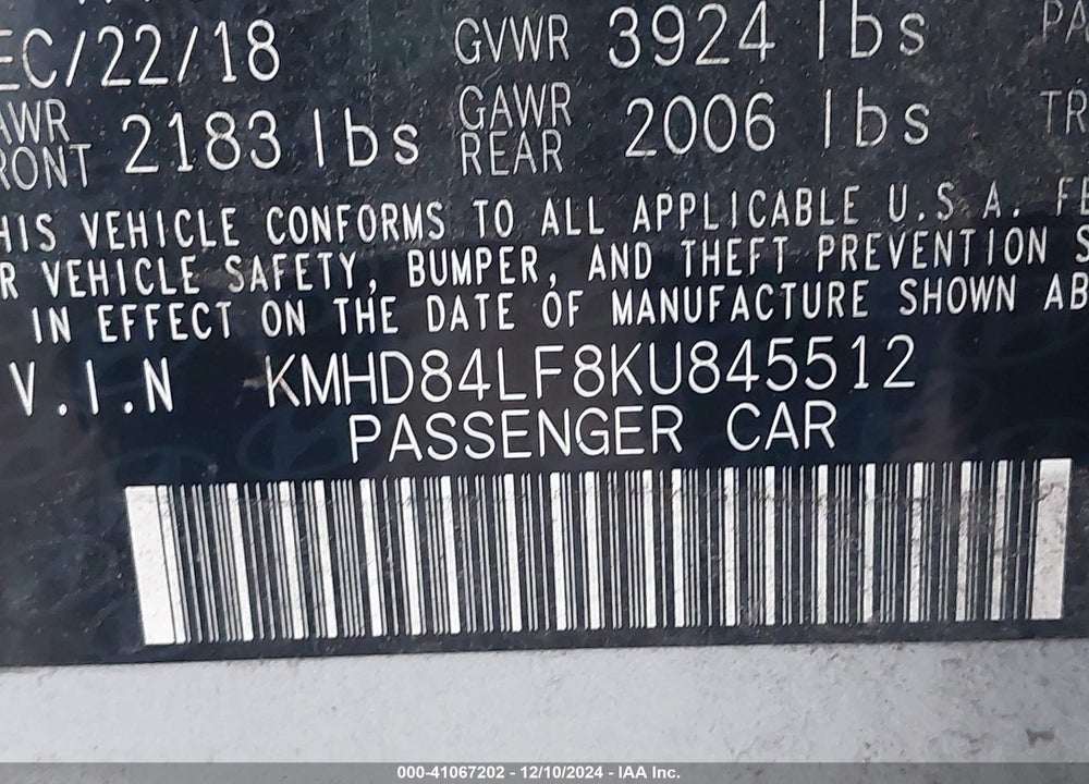 2019 HYUNDAI ELANTRA VIN: KMHD84LF8KU845512
