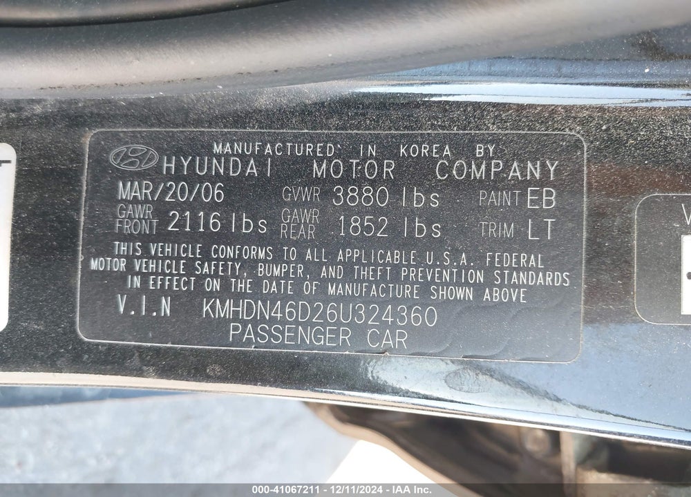 2006 HYUNDAI ELANTRA VIN: KMHDN46D26U324360