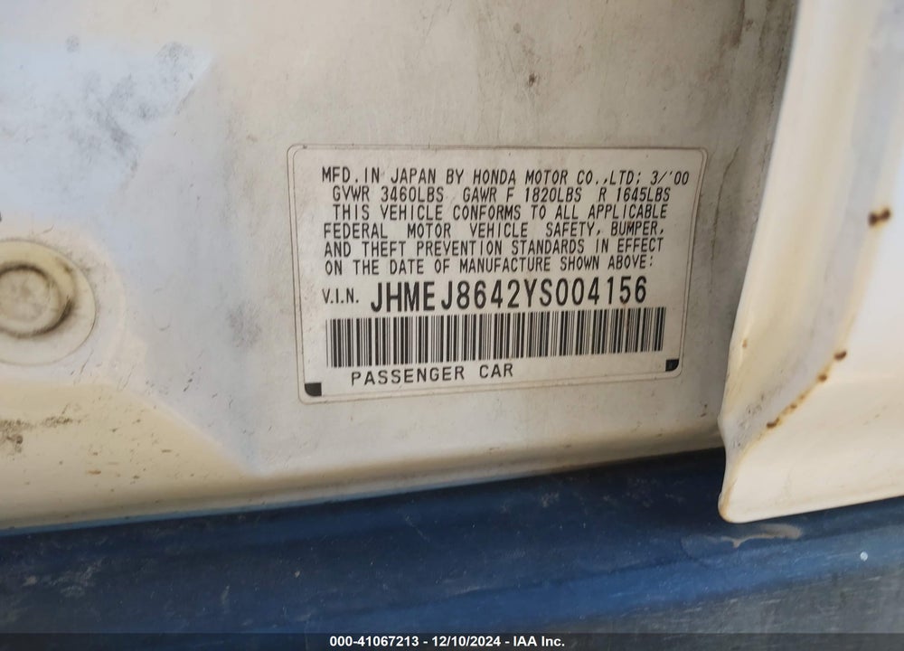 2000 HONDA CIVIC EX VIN: JHMEJ8642YS004156