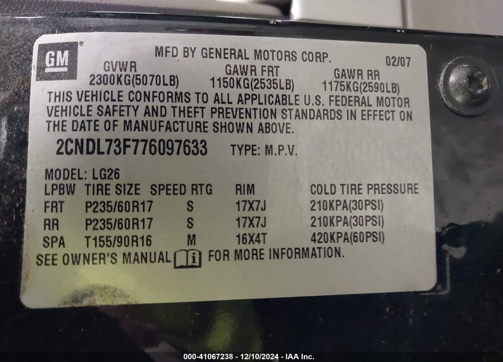 2007 CHEVROLET EQUINOX LT VIN: 2CNDL73F776097633