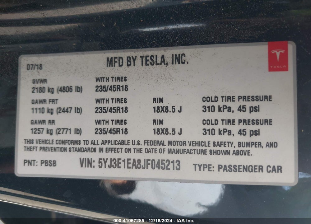 2018 TESLA MODEL 3 LONG RANGE/MID RANGE VIN: 5YJ3E1EA8JF045213