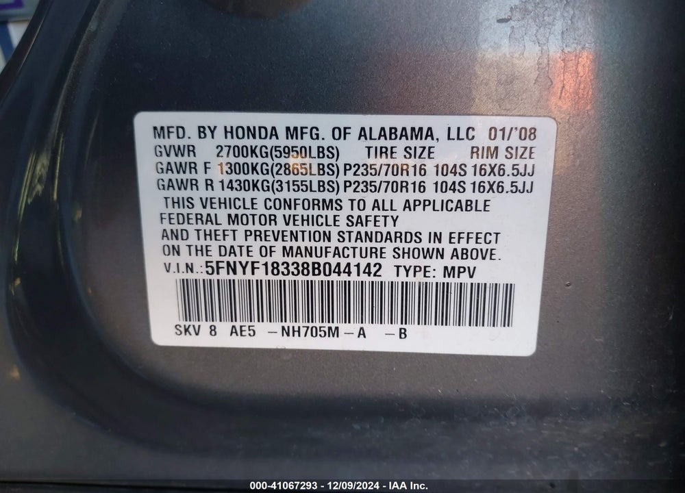 2008 HONDA PILOT SE VIN: 5FNYF18338B044142