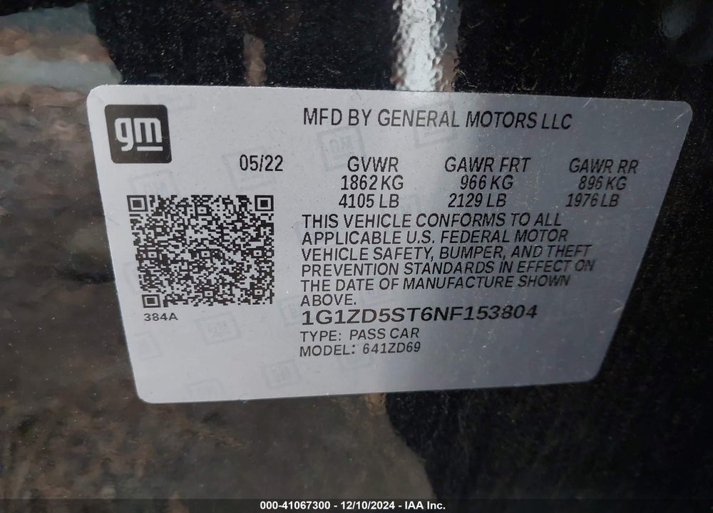 2022 CHEVROLET MALIBU FWD LT VIN: 1G1ZD5ST6NF153804