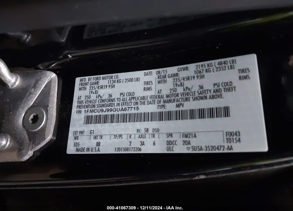 2016 FORD ESCAPE TITANIUM VIN: 1FMCU9J99GUA67715