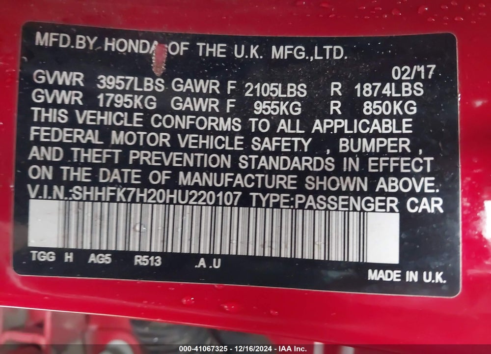 2017 HONDA CIVIC LX VIN: SHHFK7H20HU220107
