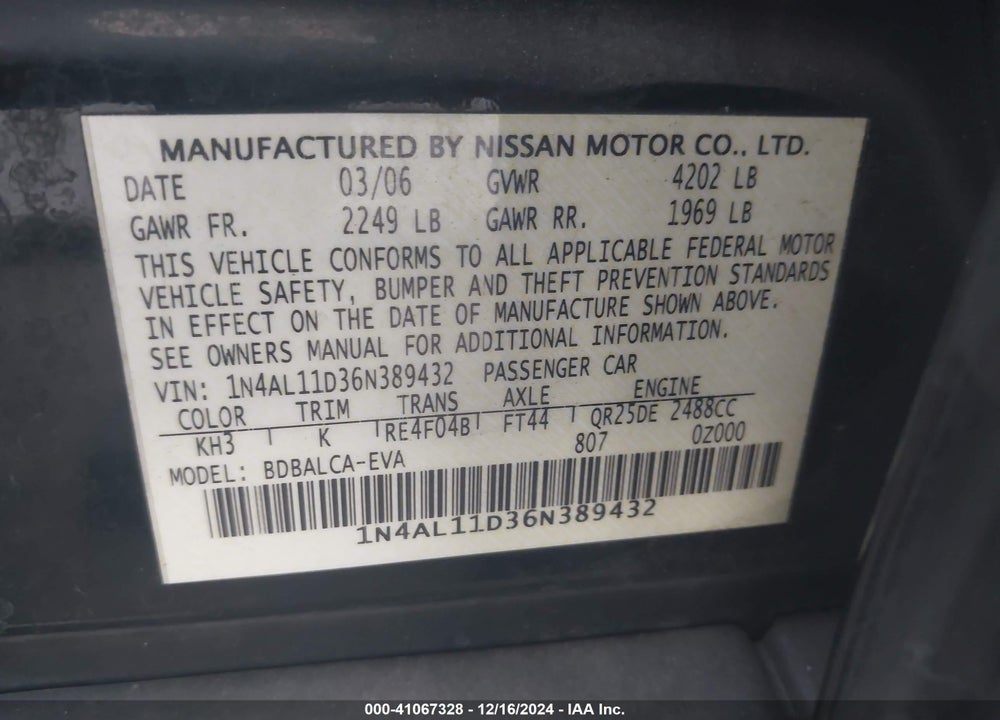 2006 NISSAN ALTIMA 2.5 S VIN: 1N4AL11D36N389432