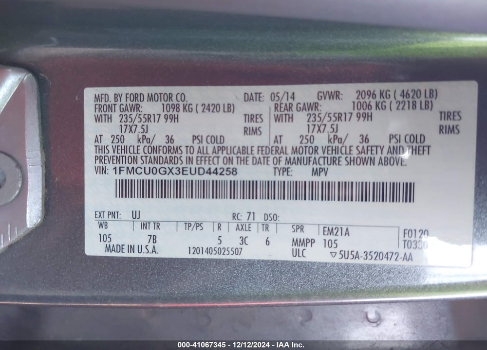 2014 FORD ESCAPE SE VIN: 1FMCU0GX3EUD44258