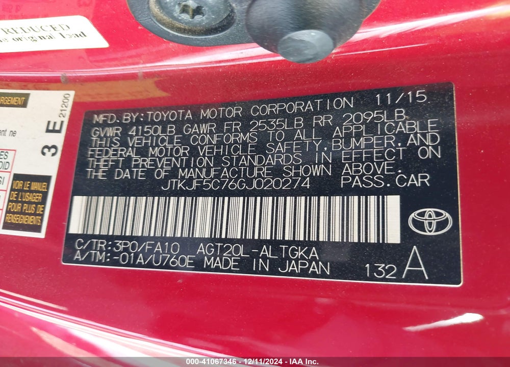 2016 SCION TC VIN: JTKJF5C76GJ020274