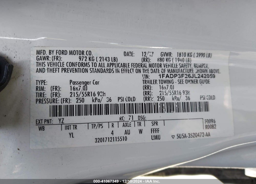 2018 FORD FOCUS SE VIN: 1FADP3F26JL242059