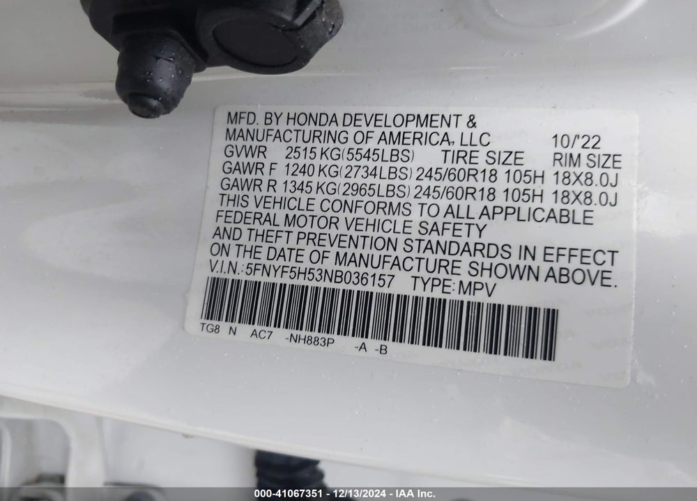 2022 HONDA PILOT 2WD EX-L VIN: 5FNYF5H53NB036157