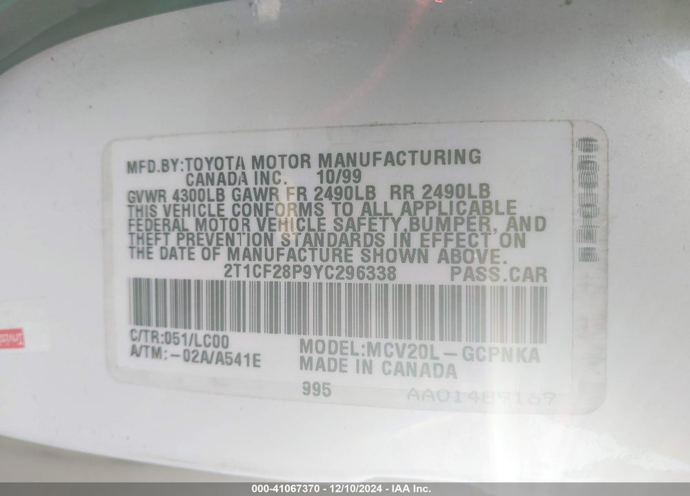2000 TOYOTA CAMRY SOLARA SLE V6 VIN: 2T1CF28P9YC296338