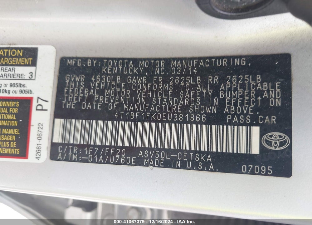 2014 TOYOTA CAMRY SE VIN: 4T1BF1FK0EU381866