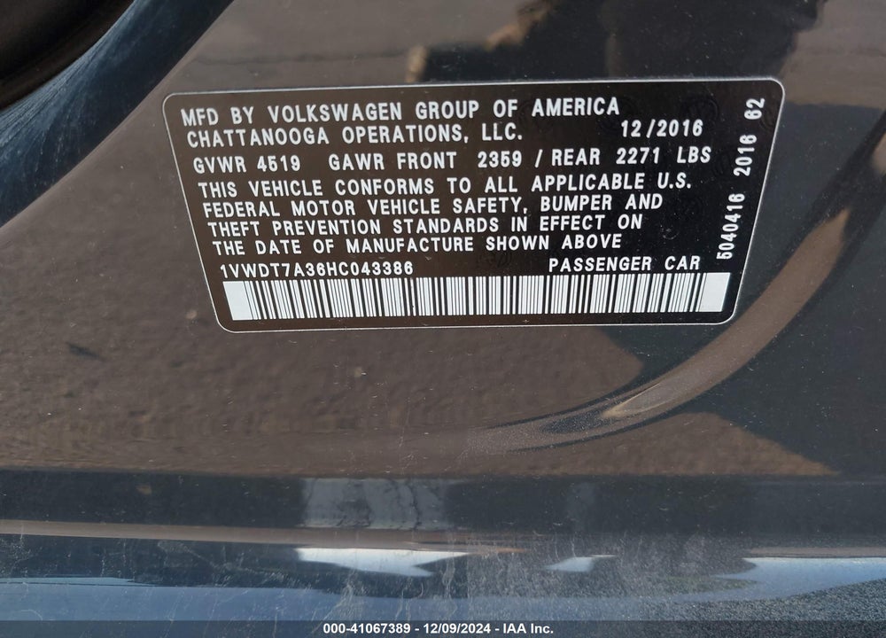 2017 VOLKSWAGEN PASSAT VIN: 1VWDT7A36HC043386