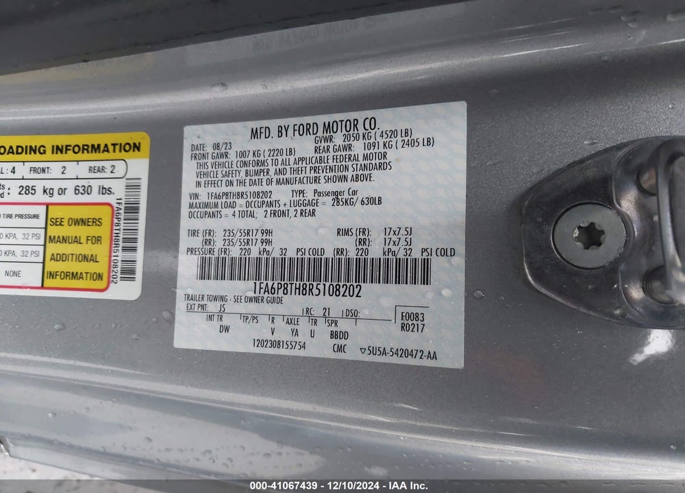 2024 FORD MUSTANG ECOBOOST VIN: 1FA6P8TH8R5108202