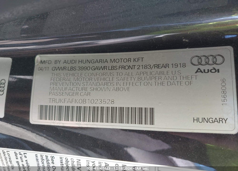 2011 AUDI TT 2.0T PREMIUM PLUS VIN: TRUKFAFK0B1023528