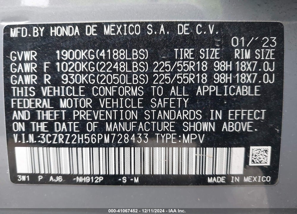 2023 HONDA HR-V AWD SPORT VIN: 3CZRZ2H56PM728433