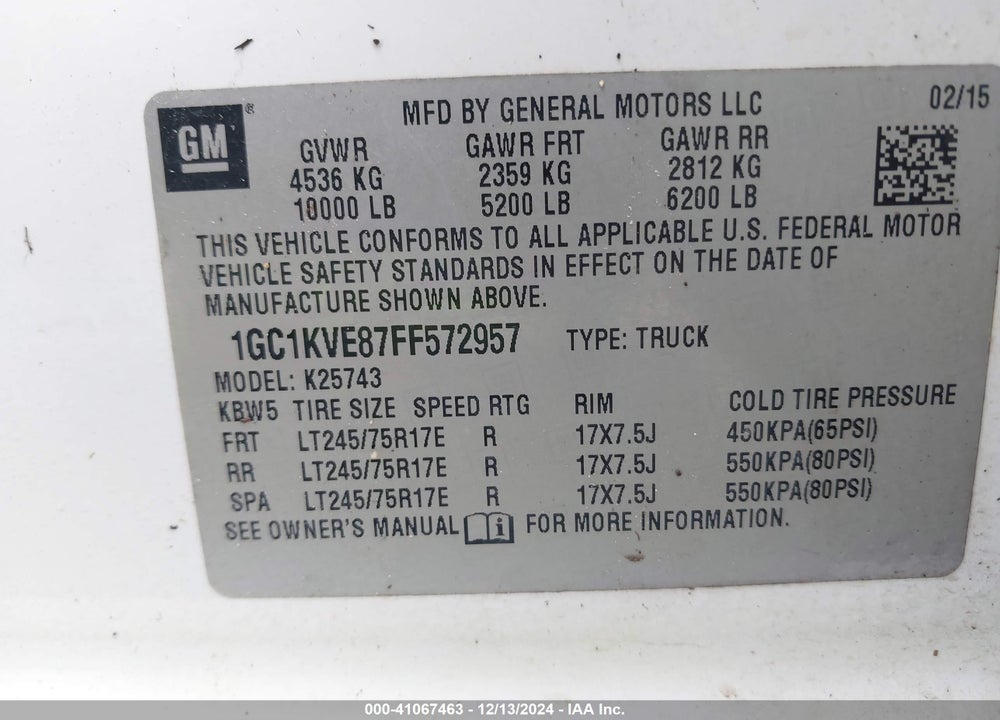 2015 CHEVROLET SILVERADO 2500HD LT VIN: 1GC1KVE87FF572957