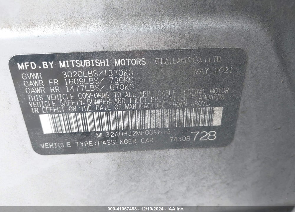 2021 MITSUBISHI MIRAGE VIN: ML32AUHJ2MH009612