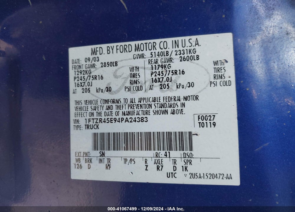2004 FORD RANGER EDGE/TREMOR/XLT VIN: 1FTZR45E94PA24383