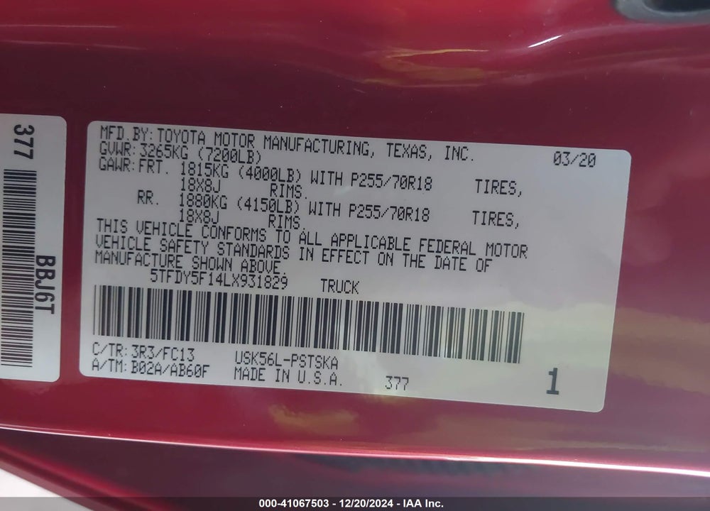2020 TOYOTA TUNDRA VIN: 5TFDY5F14LX931829