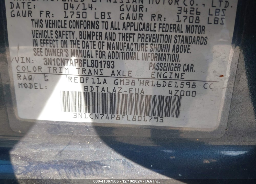 2015 NISSAN VERSA 1.6 S+ VIN: 3N1CN7AP8FL801793